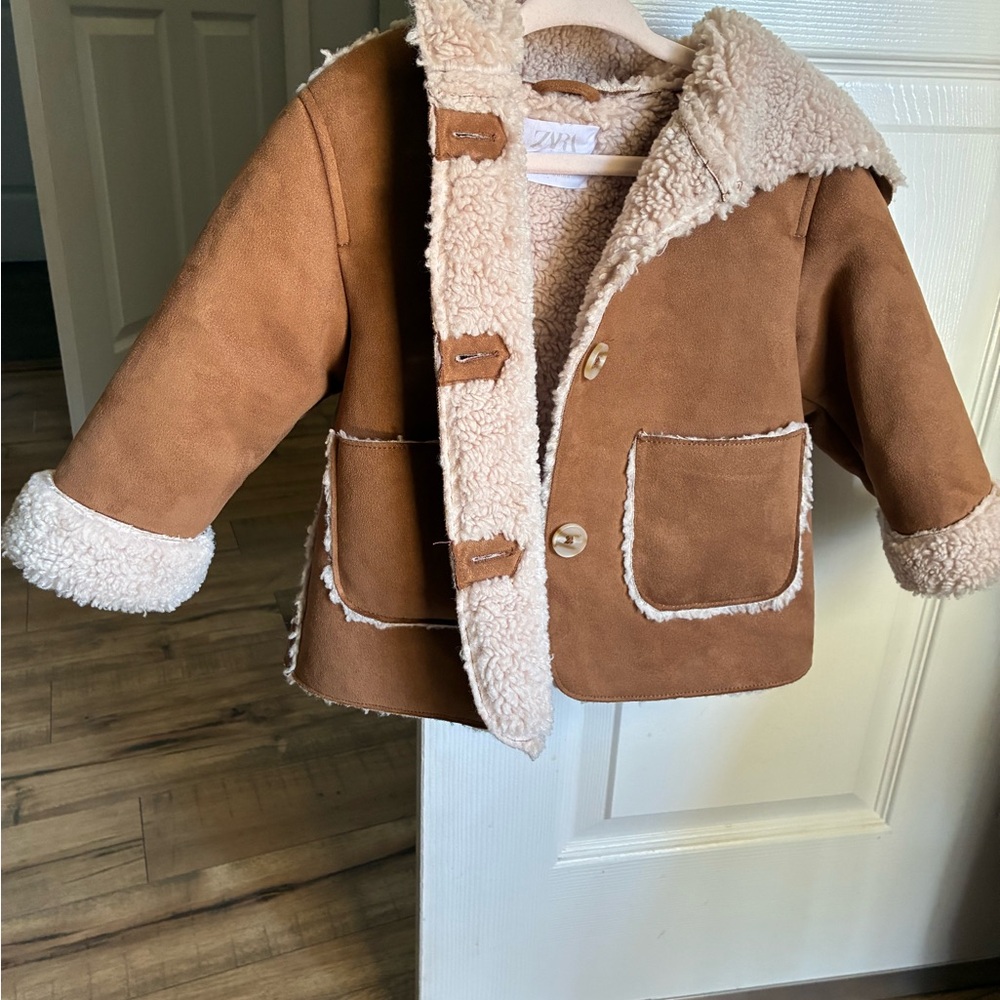 Zara Kids Faux Shearling Hooded Puffer Jacket - Brown/Cream